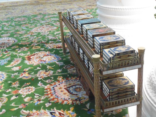 Beautifully bound Qurans inside the mosque.
